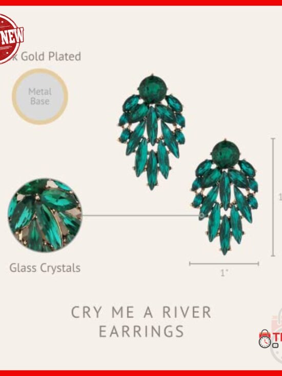 Dainty Gold Plated Emerald Green Glass Teardrop Pear Stud  18k Gold Plated Stud Earrings with Emerald Green Crystals, 1.7 Inches